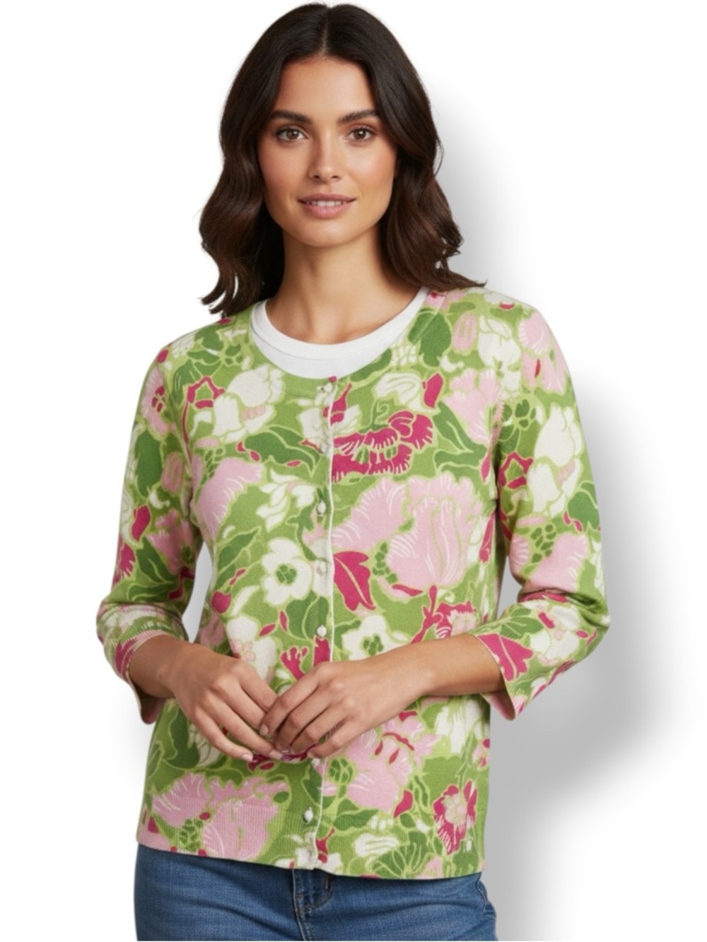 Talbots Pink, Green & White Floral Knit Cardigan. Women’s Size Large